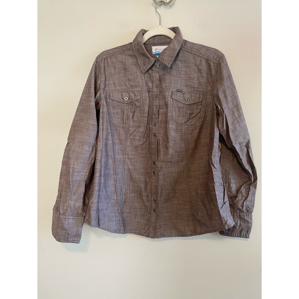 Columbia Size XL Brown 100% Cotton Button Up Shirt Top Long Sleeves